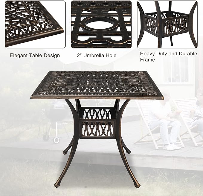 VINGLI 5 Pieces Outdoor Patio Dining Set, Cast Aluminium Patio Furniture Set with 4 Chairs and 1 Umbrella Table for Yard, Garden, Porch and Poolside, Bronze (Square Table)