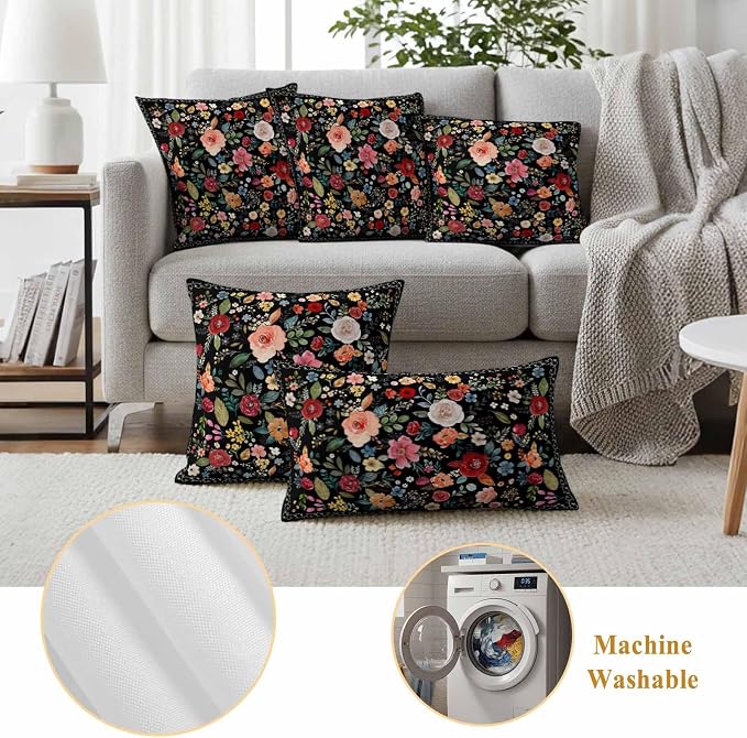 Watercolor Flowers Waterproof Outdoor Pillow Covers 20''x12'' Set of 2, Farmhouse Floral Patio Furniture Black Cushion Covers for Chairs, Decorative Vintage Wildflowers Pillow Cases for Garden/Pool