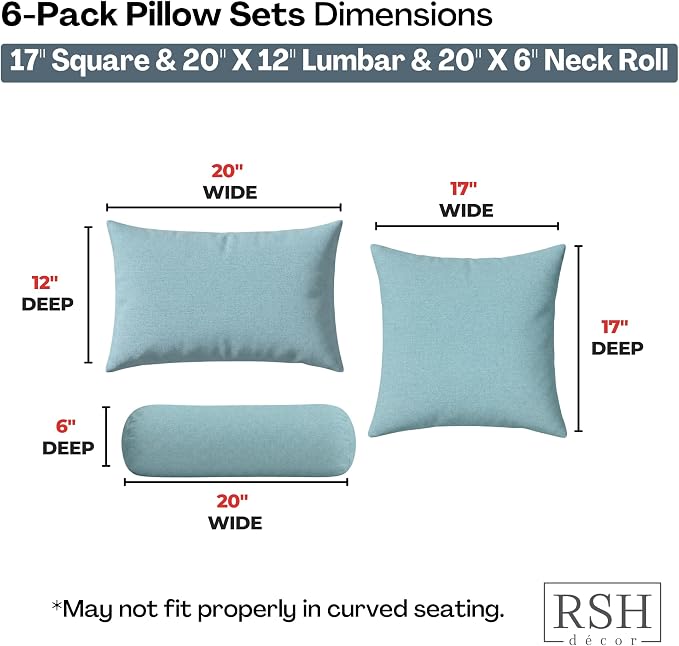 RSH DECOR: 6-Pack Pillow Set | Sunbrella Performance Fabric |Water & Fade-Resistant| 17" Square, 20"x12" Lumbar, 20"x6" Neck Roll | Outdoor Pillows for Patio Furniture | Made in USA (Cast Mineral)