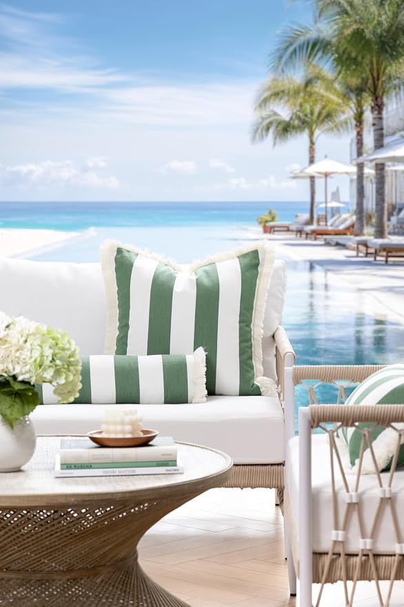 Hofdeco Premium Coastal Hampton Outdoor Performance Throw Pillow Cover Only, 20"x20" Water Repellent, UV and Fade Resistant for Backyard, Couch, Poolside, Green Woven Beach Stripes