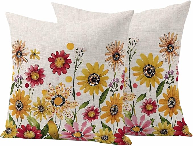 Yellow Red Spring Floral Outdoor Waterproof Throw Pillow Covers 16x16 Set of 2, Pastoral Summer Flower Rustic Decorative Pillowcases Cushion Pillowcase for Couch Sofa Patio Outside Pillow Protector