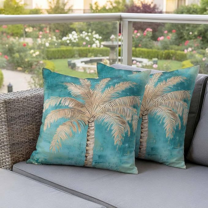 Coastal Beach Tree Outdoor Waterproof Pillow Covers, Vintage Teal Brown Decorative Square Throw Pillowcase, Tropical Palm Tree Sofa Cushion Sham for Patio/Couch/Chair, 16"x16" 2 Pack