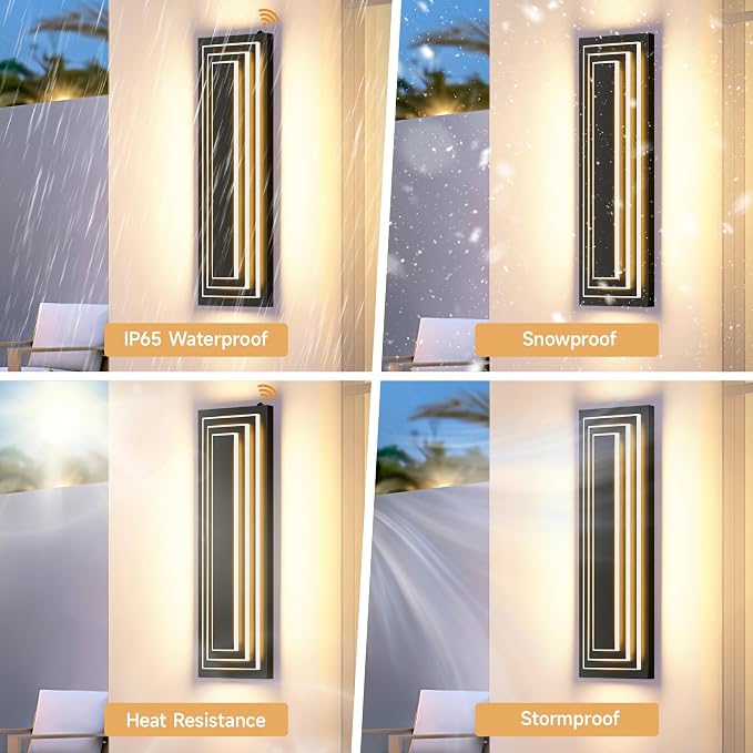 Dusk to Dawn Outdoor LED Wall Lights,3-Tier 23.6 in,36W,2 Packs | Black Long Exterior Lighting Fixtures,Modern Porch Light,Waterproof Outside Lights For House,Garage, Patio,3000K Warm White