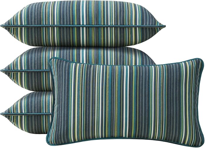 Unimatta Sunbrella Decorative Outdoor Water Repellent Throw Pillows with Inserts, Set of 4, 20" x12" Pillows for Patio, Backyard, Bed, Couch, and Patio Furniture, Beach Stripe Lagoon