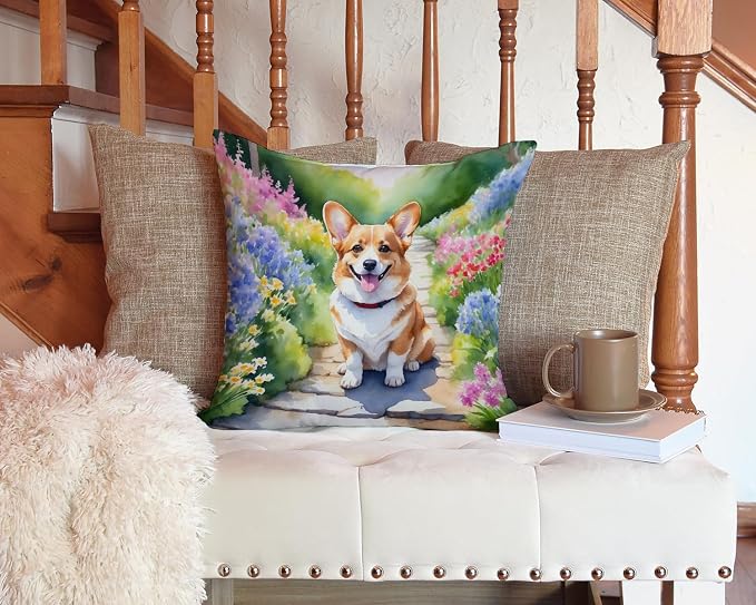 Caroline's Treasures Corgi Spring Path Throw Pillow Machine Washable, Indoor Outdoor Decorative Pillow for Couch, Bed or Patio, 14Hx14W