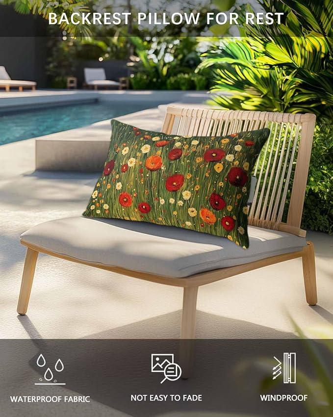 Outdoor Lumbar Cushions with Inserts, Spring Flowers Oil Painting Texture Waterproof Fluffy Fade Body Pillows, Patio Furniture Pillow for Home Balcony Garden Decor 11x16IN