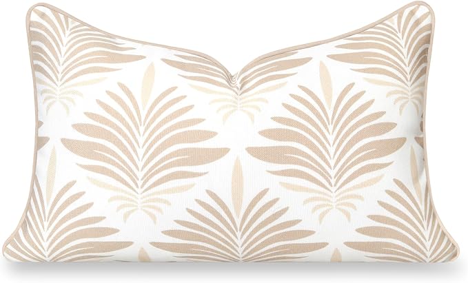 Hofdeco Premium Coastal Hampton Patio Indoor Outdoor Lumbar Pillow Cover Only, 12"x20" Water Repellent for Backyard, Couch, Poolside, Neutral Tan Print Abstract Plam Leaves
