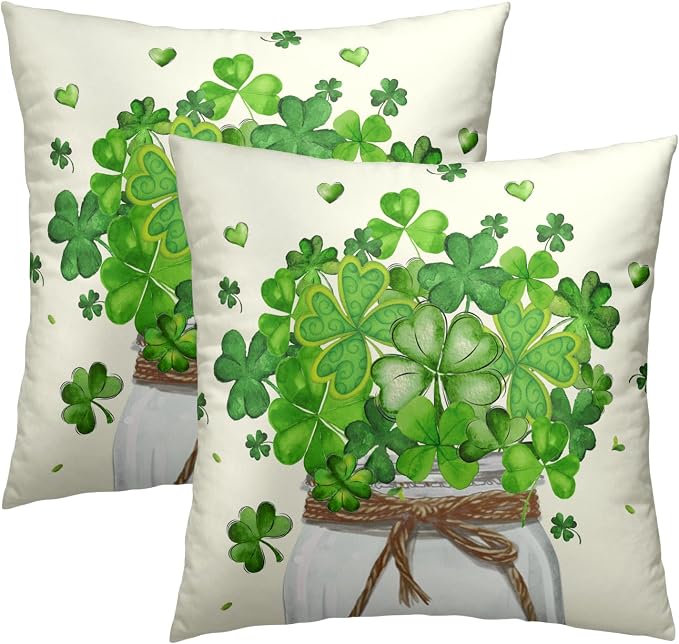 St Patricks Day Pillow Covers 16x16, 2Pcs Set Green Shamrocks Mason Jar Holiday Decorative Pillow Cases Soft Cotton Square Cushion Cover for Bed Sofa Farmhouse Spring Home Decor
