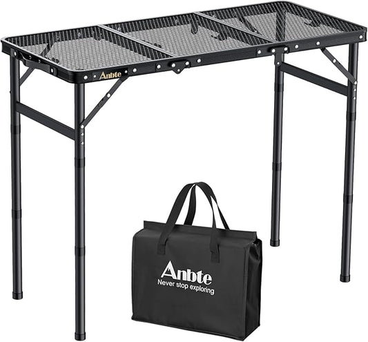 Anbte Folding Grill Table, 3ft Tri-Fold Aluminum Folding Table Adjustable Height Max 27.5" Grill Table with Mesh Desktop, Lightweight, Portable Handle for Outdoor Cooking BBQ Picnic (Black)