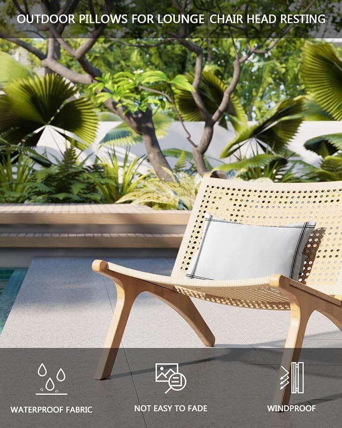 T&H XHome Outdoor Pillow for Chaise Lounge Chair, Solid Color White Waterproof Headrest Pillow Lumbar Pillows with Insert & Adjustable Elastic Strap for Beach, Poolside, Patio, Office (2 Pack)