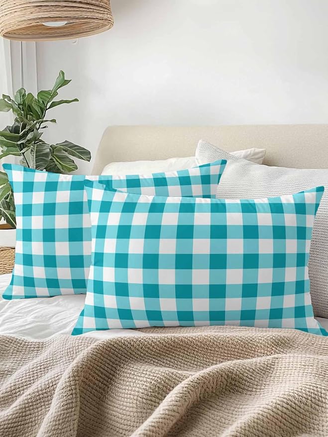 Waterproof Outdoor Pillow 1 Pack Turquoise Buffalo Plaid Decorative Throw Pillows Cover & Insert 20x12 Inch Lumbar Pillowcase Check Lines Pillows for Couch Sofa Bed Patio Furniture Indoor Outdoor
