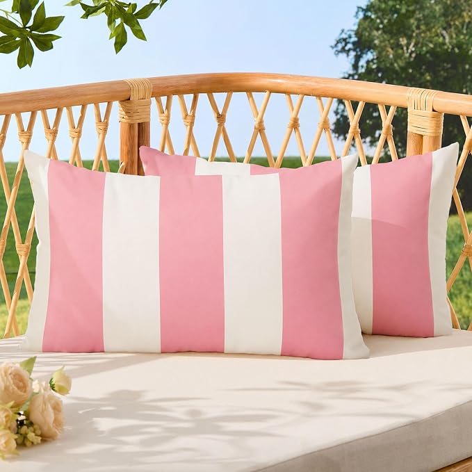 Allorry Outdoor Pillow Covers 12x20 Pink Striped Outdoor Decor JB007H12 | Striped Pillow Covers|for Spring Summer Outdoor Waterproof Garden Patio Furniture Sofa Bed Home Decor