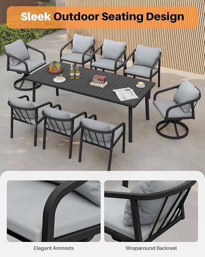 2 Pieces Swivel Patio Chairs, Never-Rust Aluminum Outdoor Dining Chairs with Removable Cushions, Ergonomic Patio Dining Chairs with Wraparound Seating Design for Poolside, Deck, Porch, Black