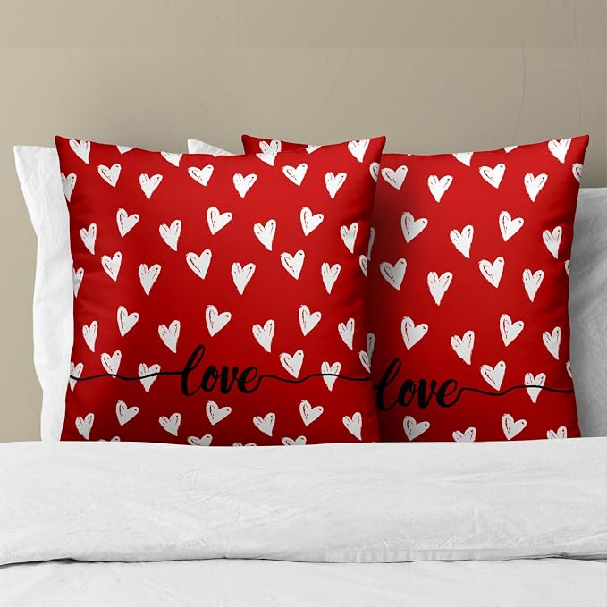 Valentine's Day Throw Pillow Covers 16x16 Inch, 2PCS White Love Hearts Red Romantic Decorative Pillow Cases Soft Cotton Square Cushion Cover for Bed Sofa Wedding Bridal Home Decor