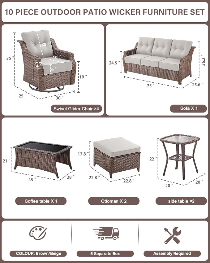 Belord 10 Piece High Back Outdoor Patio Furniture Set - Patio Conversation Set with Swivel Rocker Outdoor Chairs Set of 4 and 3 Seater Sofa, Wicker Ottoman and Coffee Table for Garden Backyard