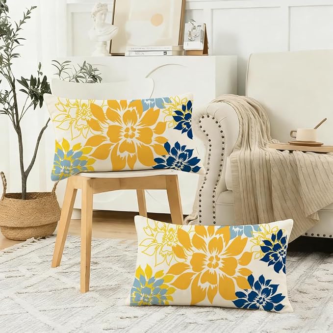 Waterproof Yellow and Blue Dahlia Floral Outdoor Pillow Covers 12x20 Inch, Decorative Spring Summer Cushion Cases for Living Room Sofa Patio Garden Porch