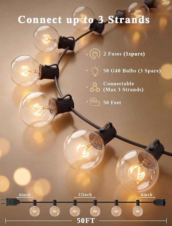 Abeja 50FT G40 Globe String Lights, Outdoor Patio Lights | 53 Clear Incandescent Bulbs(3 Spare), Warm White Glow, Plug-in Bistro Lights for Backyard Porch Balcony Wedding, Black