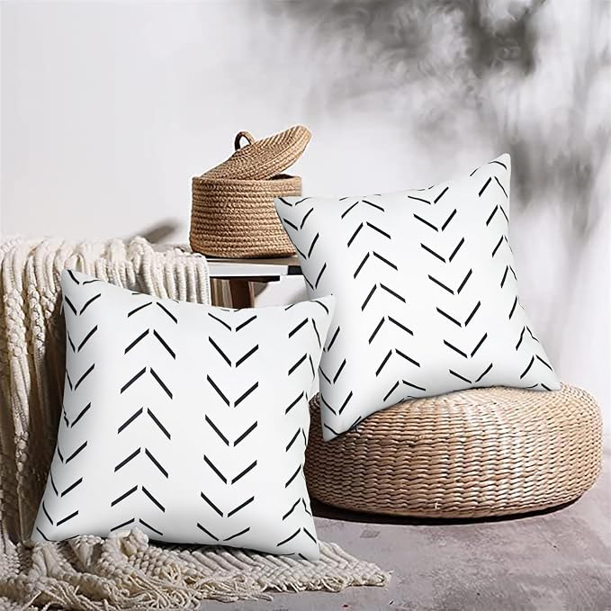 Adabana Geometric Waterproof Outdoor Pillow Covers 18x18 Black and White | Set of 2 Waterproof Design for Patio, Porch, Garden and Beach Decor