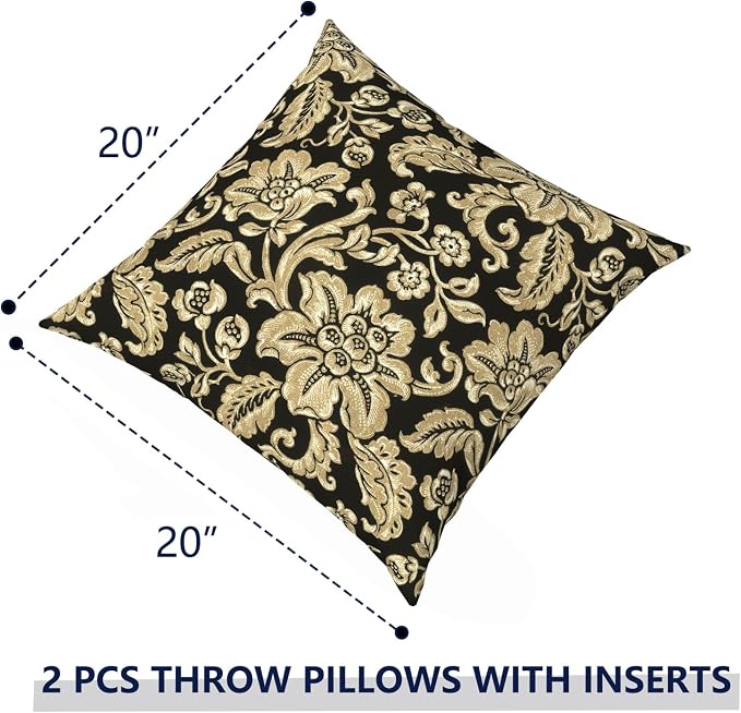Outdoor Pillows with Insert 20x20 Inch, Waterproof Throw Pillow for Patio Furniture, Decorative Back Cushion for Garden Home Sofa Office Chair, Set of 2, Jacobean Black