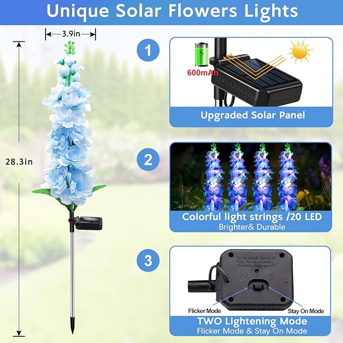 MRHEPHAESTUS Solar Garden Lights, Solar Blue Delphinium Flowers Lights 8 Pack 160 LEDs, Waterproof Outdoor Light Two Lighting Modes for Outside Wedding Party Garden Yard Patio Lawn Decor