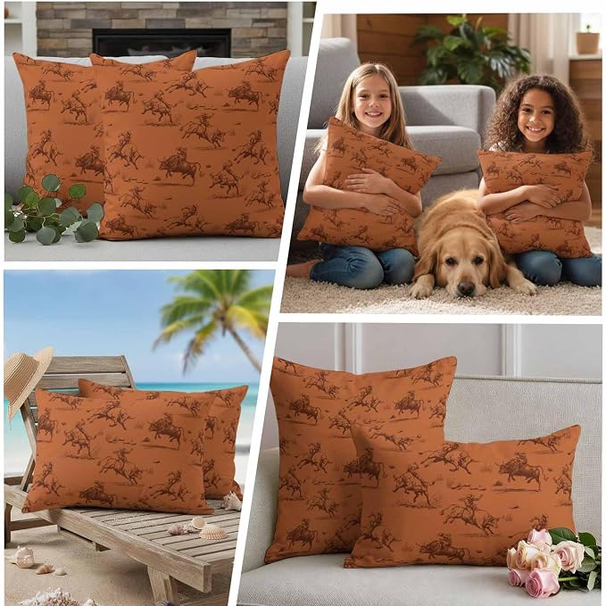 Western Cowboys Outdoor Pillow Covers Waterproof, All Weather Cushion Case Set of 2, Orange Vintage Country Nature Scenery Decorative Pillowcases for Sofa Couch Bed Decor Patio Furniture 16"x16"