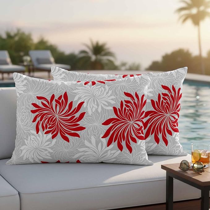 Red Grey Floral Outdoor Pillow Covers Set of 2 Vintage Red White Grey Flower Waterproof Throw Pillow Cover Decorative Cushion Cases for Patio Porch Garden 20X12 Inch