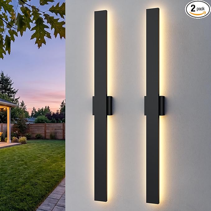 2 Pack LED Outdoor Wall Sconce Dimmable, 3000K 4500K 6000K, 47.2" Modern Black Linear Exterior Lighting Fixtures, IP65 Waterproof Outside Lights for Entrance, Hallway, Garage, Porch
