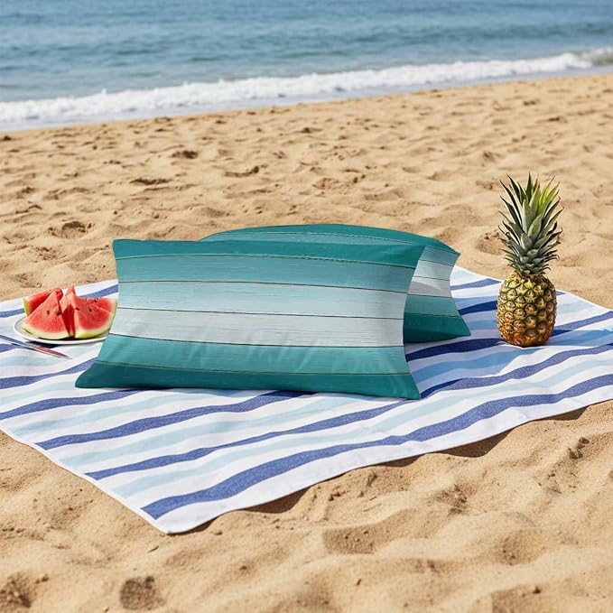 Teal Turquoise Outdoor Pillow Covers 20x12 Inch Lumbar Pillow Covers Set of 2 Waterproof Decorative Throw Pillow Cases Farmhouse Abstract Gradient Wooden Plank Cushion Covers for Patio Furniture