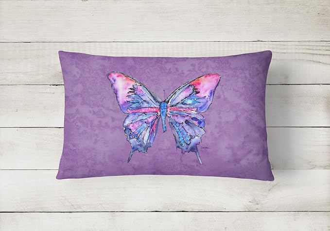 Caroline's Treasures 8860PW1216 Butterfly on Purple Canvas Fabric Decorative Pillow Machine Washable, Indoor Outdoor Decorative Pillow for Couch, Bed or Patio, 12HX16W