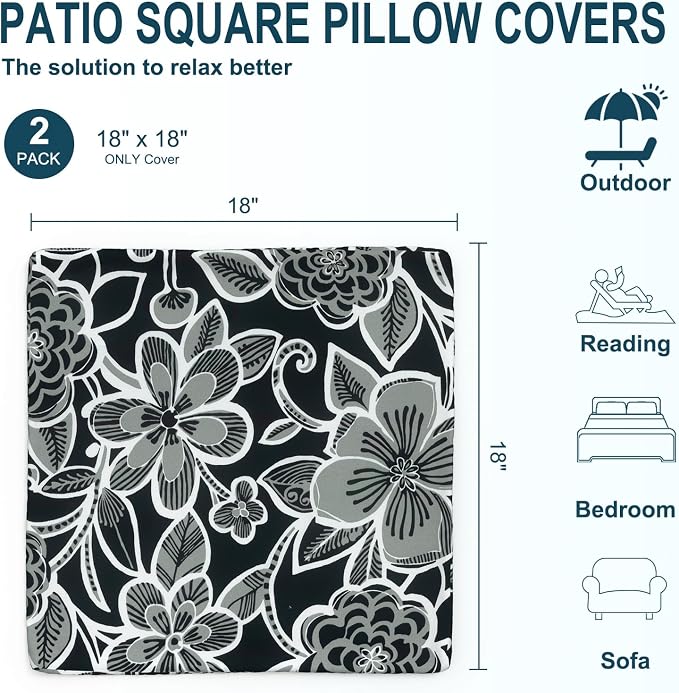 DYTXIII Pack of 2 Outdoor Waterproof Pillow Covers ONLY, 18"x18" Square Decorative Double Printed Throw Pillow Cases for Patio Couch Porch Furniture, Flower Black