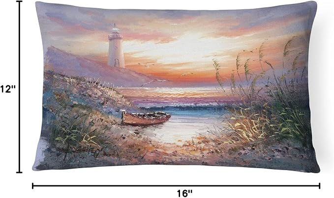 Caroline's Treasures APH4130PW1216 Lighthouse Scene with Boat Canvas Fabric Decorative Pillow Machine Washable, Indoor Outdoor Decorative Pillow for Couch, Bed or Patio, 12HX16W
