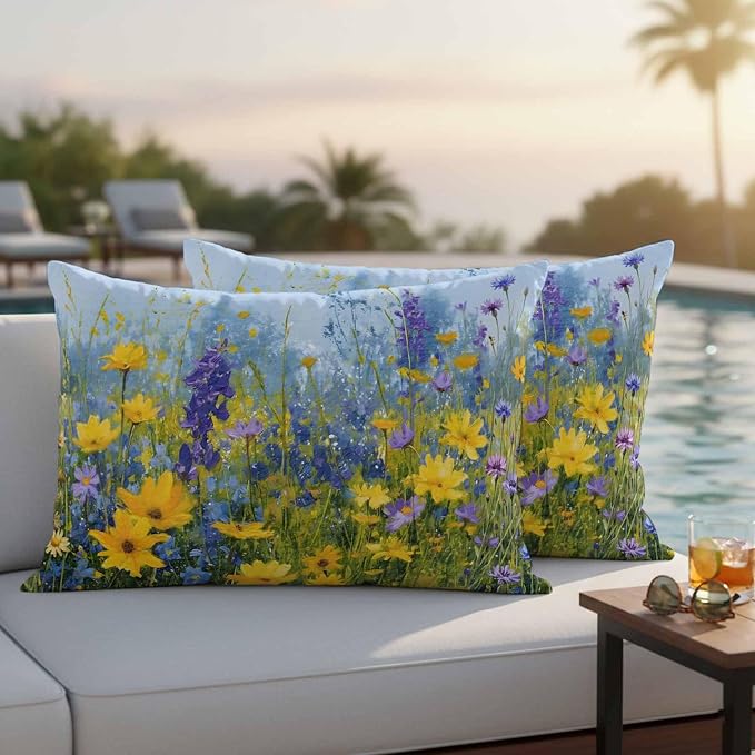 Outdoor Waterproof Pillow Covers for Patio Rustic Landscape Decorative Throw Pillow Cover Spring Wildflower Floral Yellow Blue Purple Pillowcases Set of 2 Cushion Case for Sofa Couch Chair 12x20 Inch