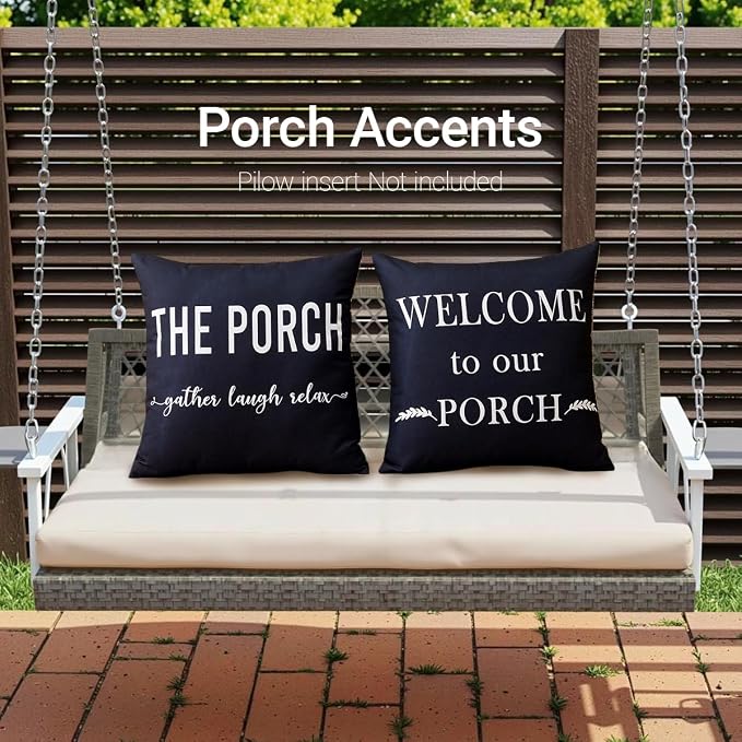Porch Patio Decor Black Outdoor Throw Pillow Covers Waterproof 18x18 | Set of 2, Black and White Outdoor Pillows, Porch Decorations Outdoor, Porch Pillows, Outdoor Pillows for Patio Furniture