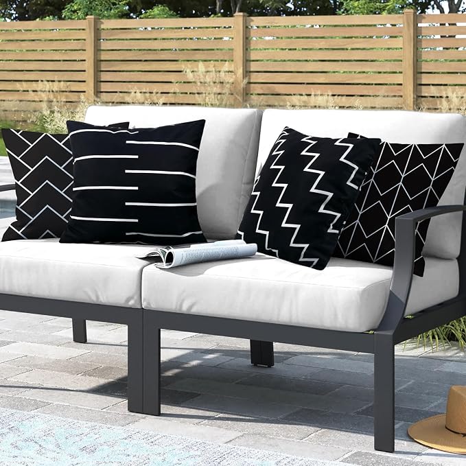 Adabana Set of 4 Outdoor Waterproof Pillow Covers 18x18 Black | Modern Geometric Throw Pillows Cover Decorative Boho Pillow Covers for Patio, Garden, Porch