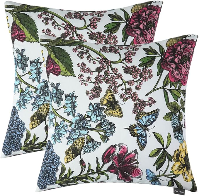 Waterproof Outdoor Throw Pillow Covers Set of 2,Home Decor for Garden Patio Furniture,Couch,Sofa 18 x18 Inch Decorative Pillows Cover Only,NO Insert(Butterfly Flower)
