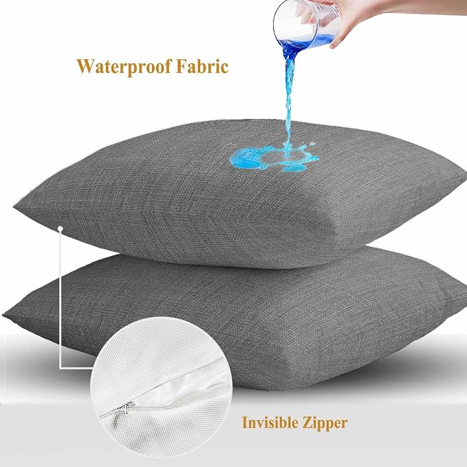 Outdoor Waterproof Throw Pillow Covers Set of 2 Grey Linen Pillowcases 20x20 Inches Farmhouse Pure Color Decorative Pillows Cushion Case Patio Pillows for Couch Bed Chair Garden