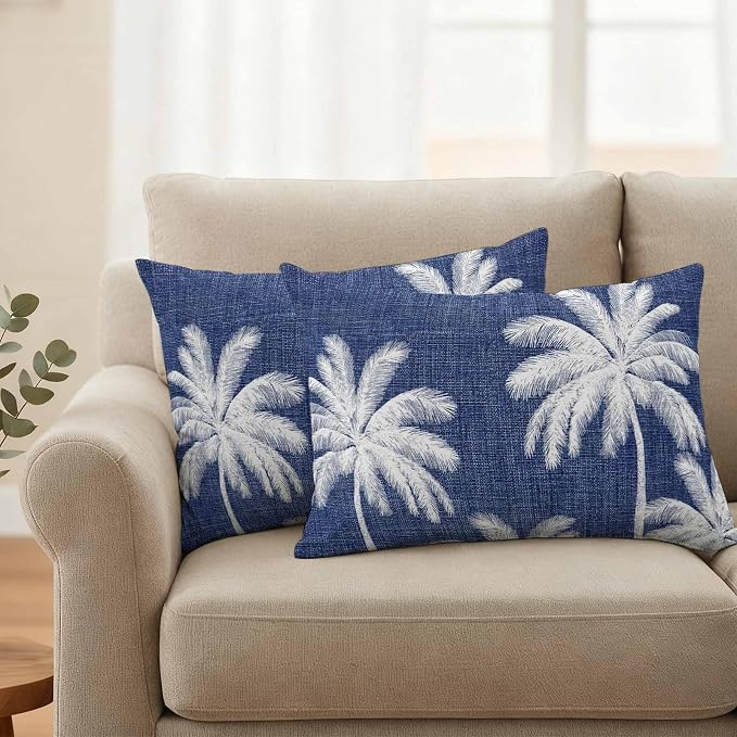 Lumbar Pillow Covers 20x12 Inch Set of 2, Indigo Blue Palm Trees Waterproof Outdoor Pillow Covers, Farmhouse Tropical Summer Beach Decorative Cushion Pillowcases for Couch, Sofa, Bed, Garden, Patio
