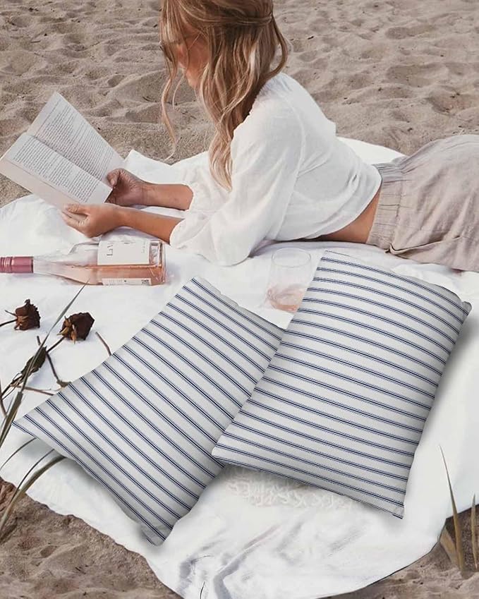 Outdoor Waterproof Throw Pillow Covers Set of 2 Blue Stripe Lumbar Pillowcases 20x12 Inches Vertical Striped Patio Decorative Pillows Cushion Case Patio Pillows for Couch Bed Chair Garden