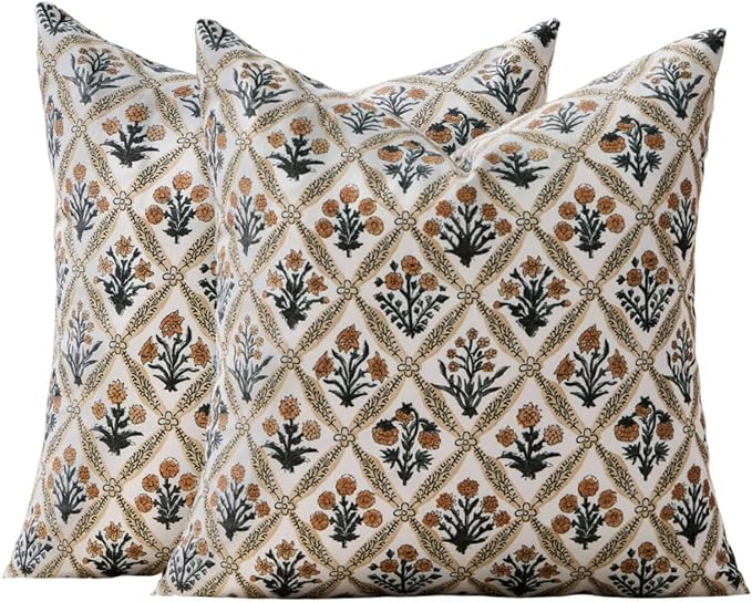 Allorry Floral Outdoor Pillow Covers 20x20 Brown Outdoor Waterproof Decor | Set of 2 Vintage Floral Block Print Pillow Cover,Farmhouse Boho Decorative for Spring Summer Outdoor Sofa Bedroom Decor