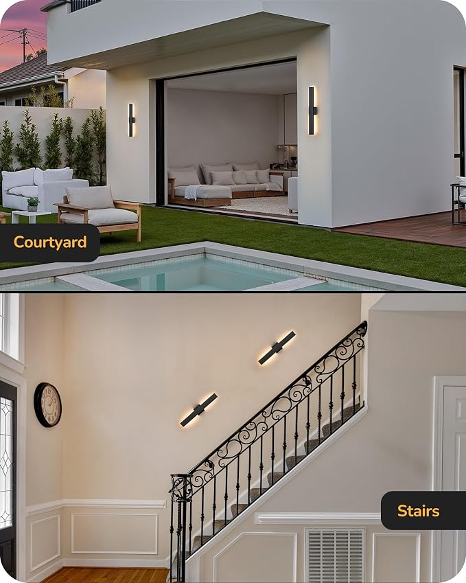 EDISHINE 23.6" Modern Outdoor Wall Lights, 3CCT & 10%-100% Dimmable, IP65 Waterproof, LED Exterior Lighting Fixtures, Linear Outdoor Wall Sconce for Porch, Patio, 2 Pack, Black