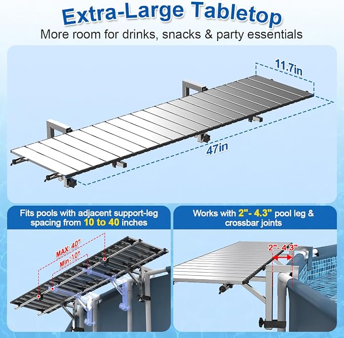 Above Ground Pool Bar, 47" x 11.7" 304 Stainless Steel Pool Bar Table for Round Above Ground Pools, Holds Ice Bucket, Great for 5-Person Family Gatherings, UV & Pool Chemical Resistant, Holds 150 lbs