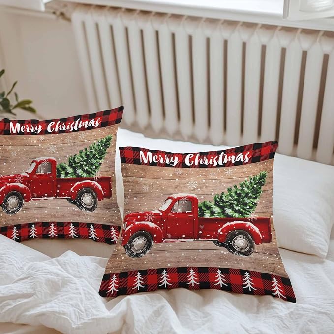 YOKOU Outdoor Throw Pillow Covers, Merry Christmas Truck Tree Vintage Board Wood Grain Buffalo Check Waterproof Pillowcases Cushion Covers Cases for Patio Couch Bench, Pack of 2 Square, 16"X16"