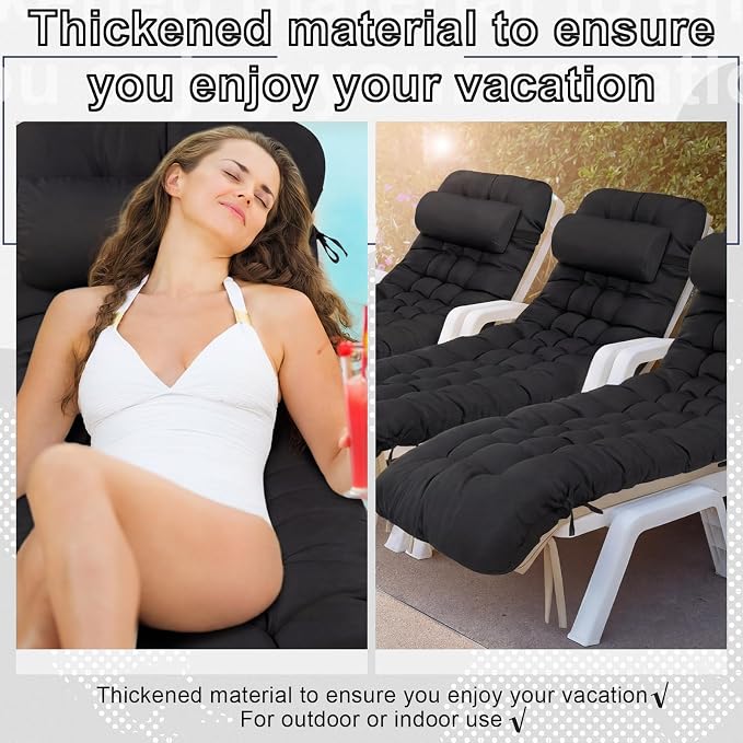 Tudomro Outdoor Chaise Lounge Cushion 66x21x4'' Waterproof & Fade-Resistant Patio Pool Chaise Lounge Cushion Headrest Pillow Tie Replacement Rocking High Back Chair(Black,Set of 2)
