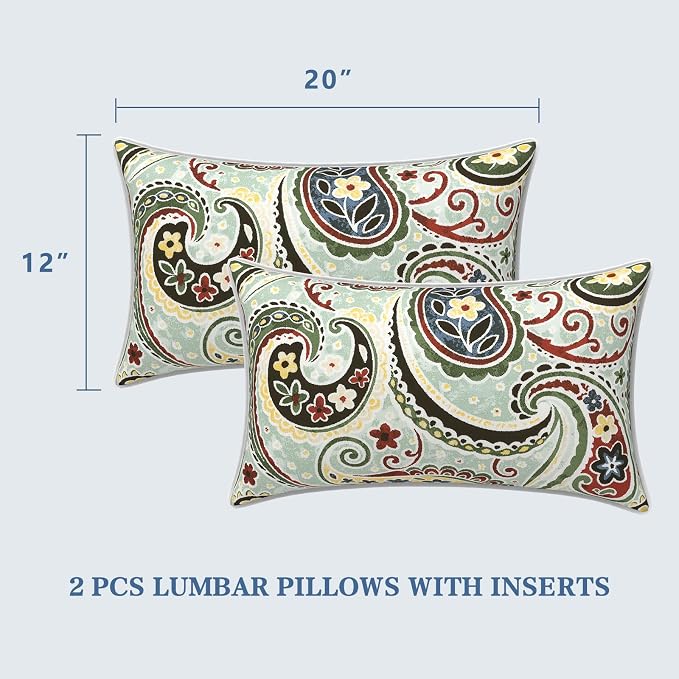 LVTXIII 2 Pack Outdoor Lumbar Pillows 12x20 Inch with White Piping, Fade Resistant Support Throw Pillows with Inserts for Patio Furniture, Sofa, Chair, Paisley Light Cyan