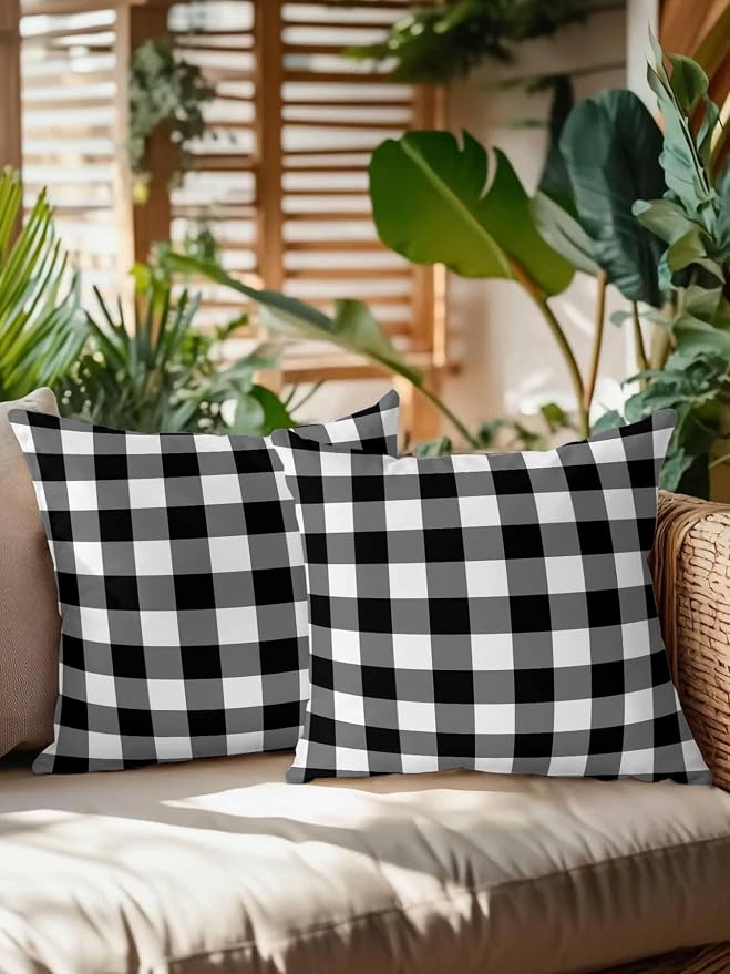 Waterproof Outdoor Pillow Set of 2 Black Buffalo Plaid Decorative Throw Pillows Cover & Insert 16x16 Inch Pillowcase Check Lines Square Pillows for Couch Sofa Bed Patio Furniture Indoor Outdoor