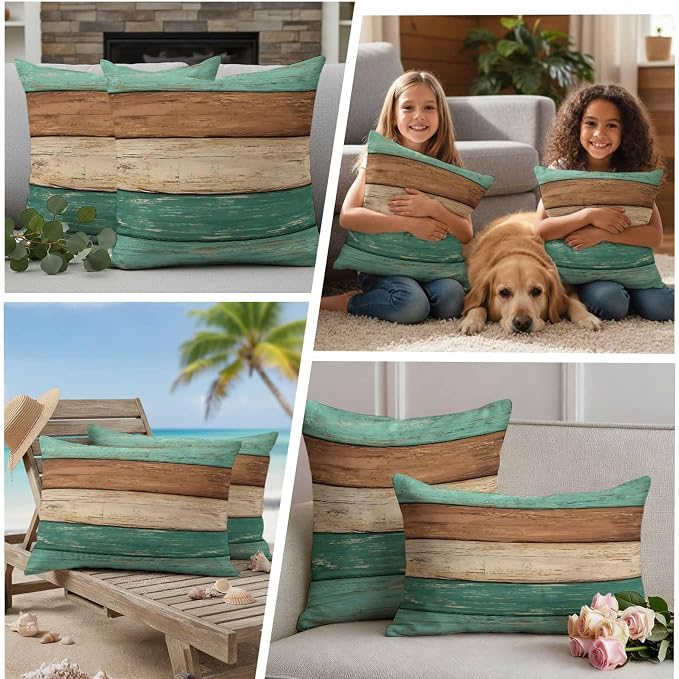 Farmhouse Teal Brown Outdoor Waterproof Pillow Covers, Vintage Wooden Striped Decorative Square Throw Pillowcase Sofa Cushion Sham for Patio/Couch/Chair, 26"x26" 2 Pack