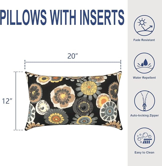 Outdoor Lumbar Pillows, Water Repellent Cushion Pillows 12x20 Inch, Outdoor Pillows with Inserts for Home Garden, Pack of 2, Black Yellow Crosby