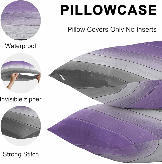 Purple Gray Outdoor Pillow Covers 20x20 Inch Throw Pillow Covers Set of 2 Waterproof Decorative Pillow Cases Vintage Rustic Abstract Striped Wooden Grain Cushion Covers for Patio Furniture Garden