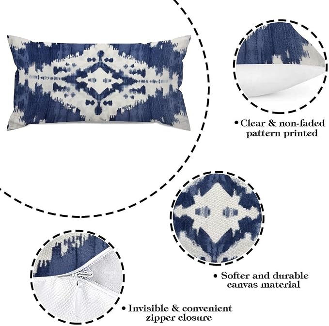 Set of 2 Navy Blue Grey and Beige Ikat Pattern Print Cushion Cover Case with Zipper 12x24in Canvas Pillow Cover Rectangle Pillow Case for Couch Bed Car Pub Coffee Bar Living Room Decoration