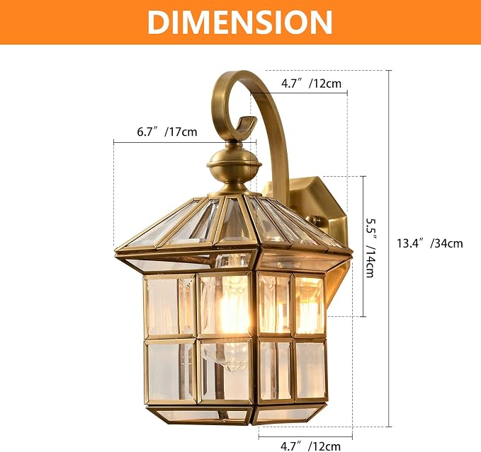 Milaii Copper Brass Outdoor Wall Lights,13.4" Exterior Lantern Light Fixture Waterproof Anti-Rust Wall Mount Lamp with Clear Glass E26 Socket Porch Light for Garage Entryway Patio Balcony